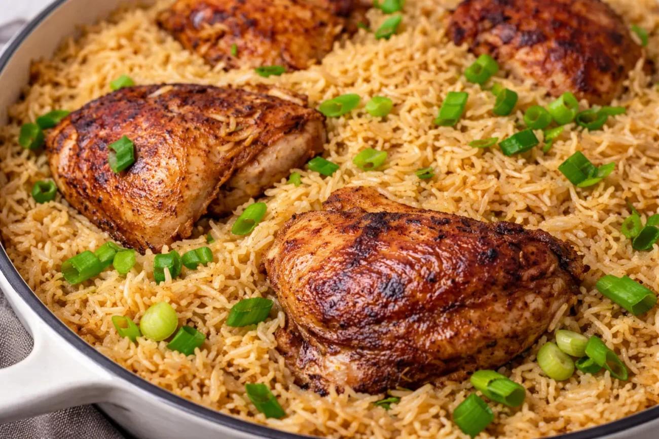 Oven baked chicken thighs with seasoned rice and green onions cooked in a one pan skillet dish.