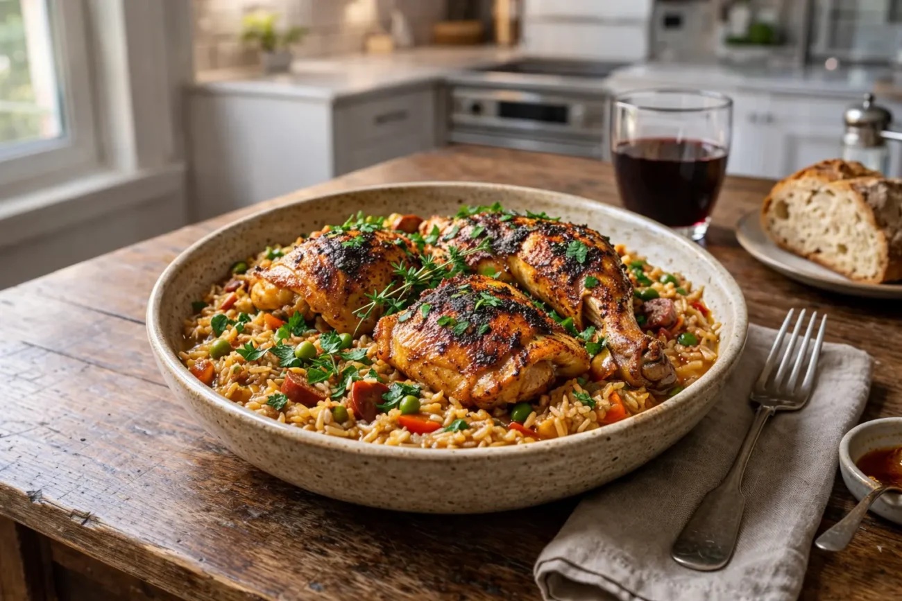 Portuguese-style roasted chicken legs served over seasoned rice with vegetables in a modern sunlit kitchen.