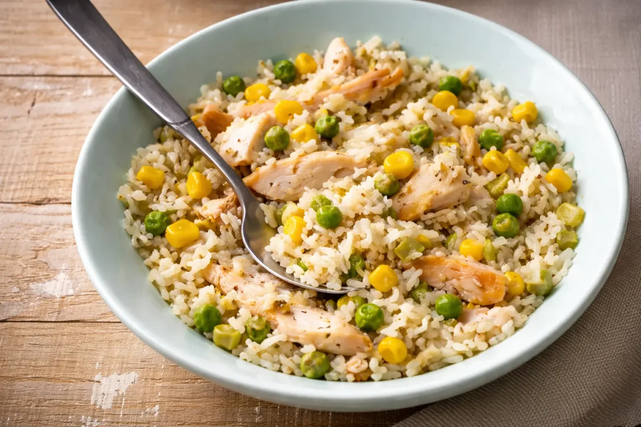 Chicken vegetable fried rice with tender chicken pieces, corn, peas, and fluffy rice served in a bowl with a spoon.