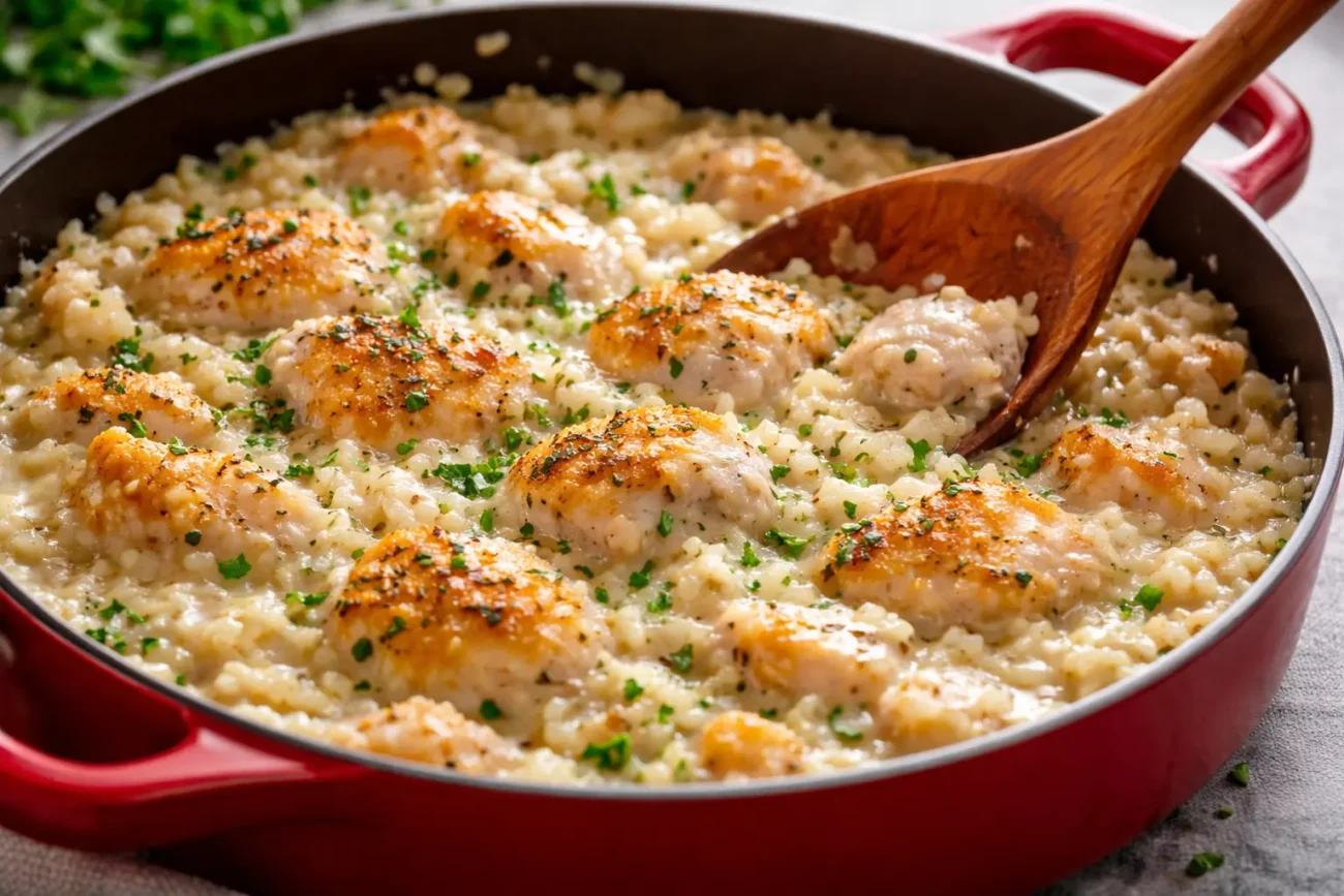 Creamy chicken and rice skillet with tender chicken pieces in a rich sauce being stirred with a wooden spoon.