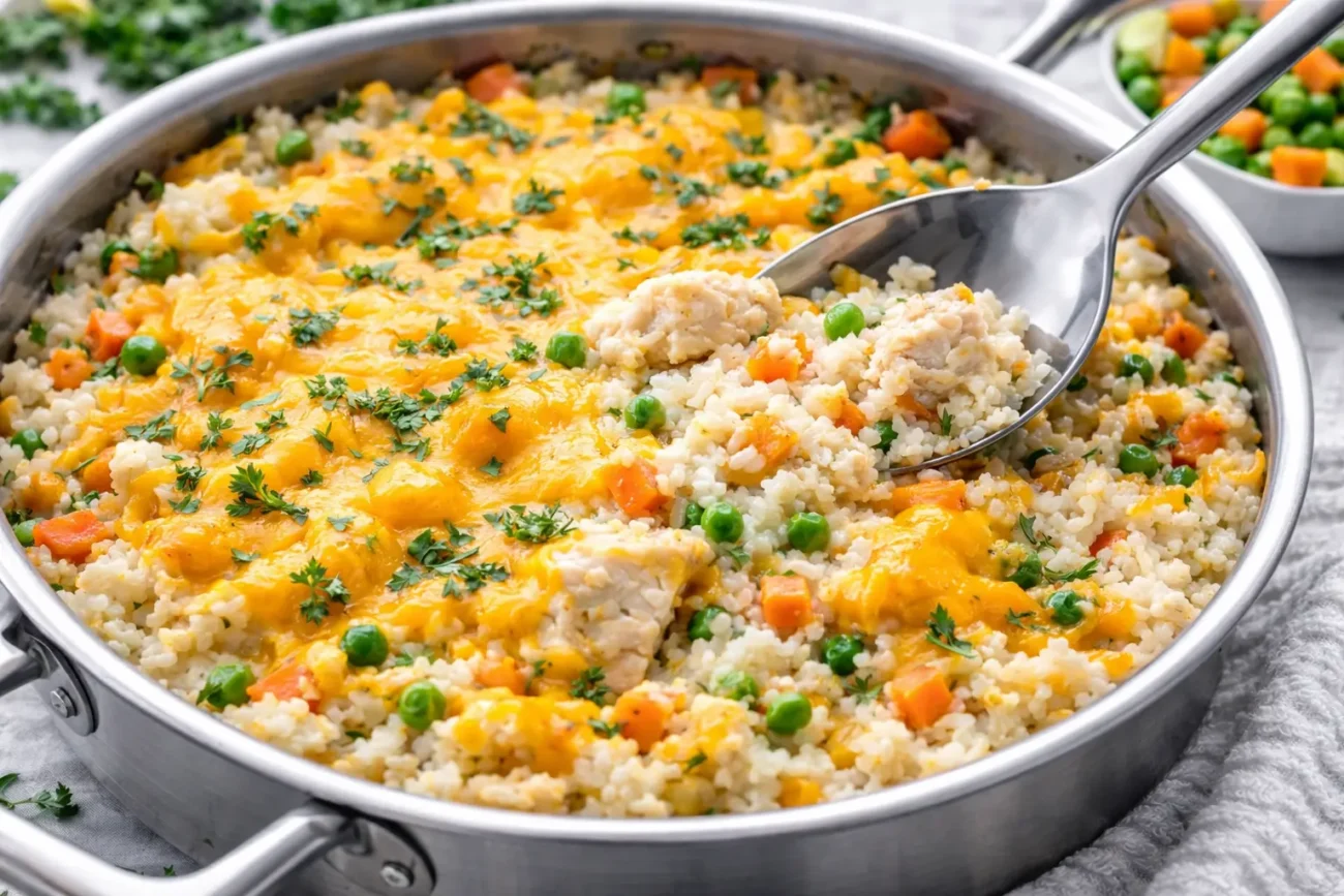Cheesy chicken and rice casserole with mixed vegetables and melted cheese served in a skillet with a spoon.