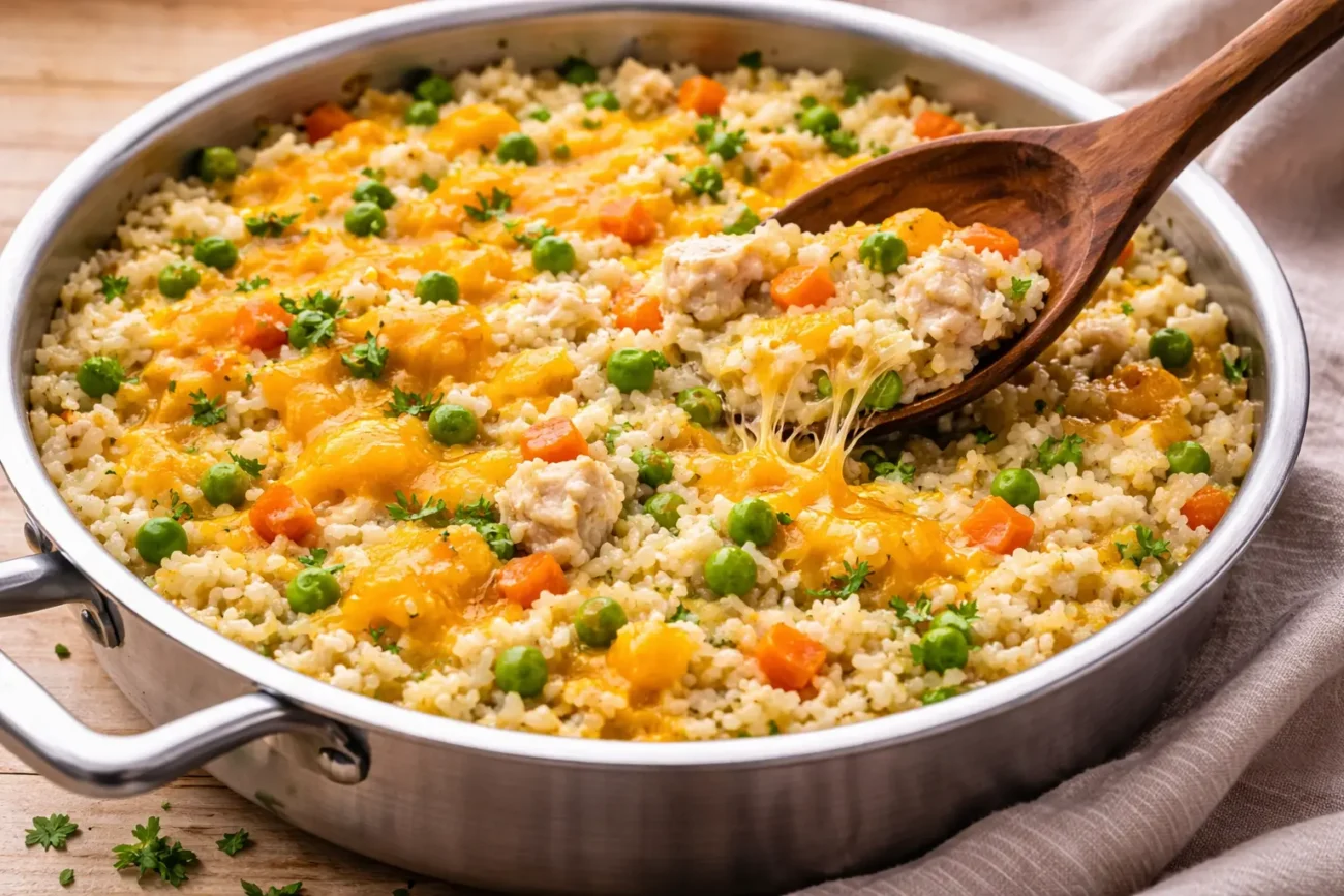 Cheesy chicken and rice casserole with vegetables in a skillet, featuring melted cheese, peas, carrots, and creamy rice being scooped.