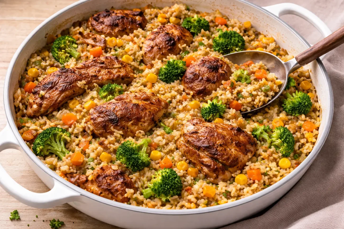 One pan chicken and rice with seared chicken pieces, broccoli, carrots, and corn in a large white skillet with a spoon.