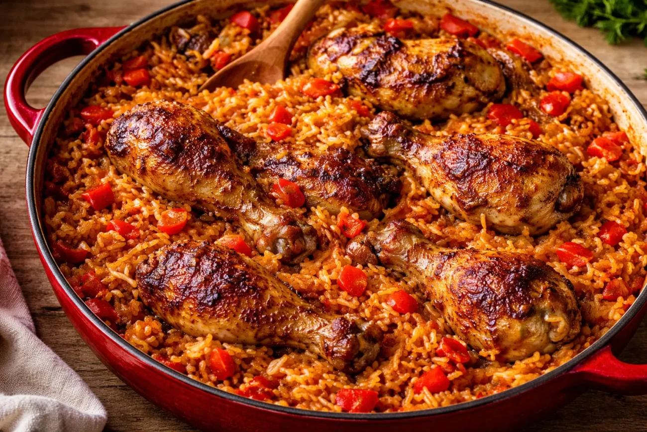 one pan chicken drumsticks and rice skillet with red bell peppers, crispy baked chicken, homemade dinner close-up