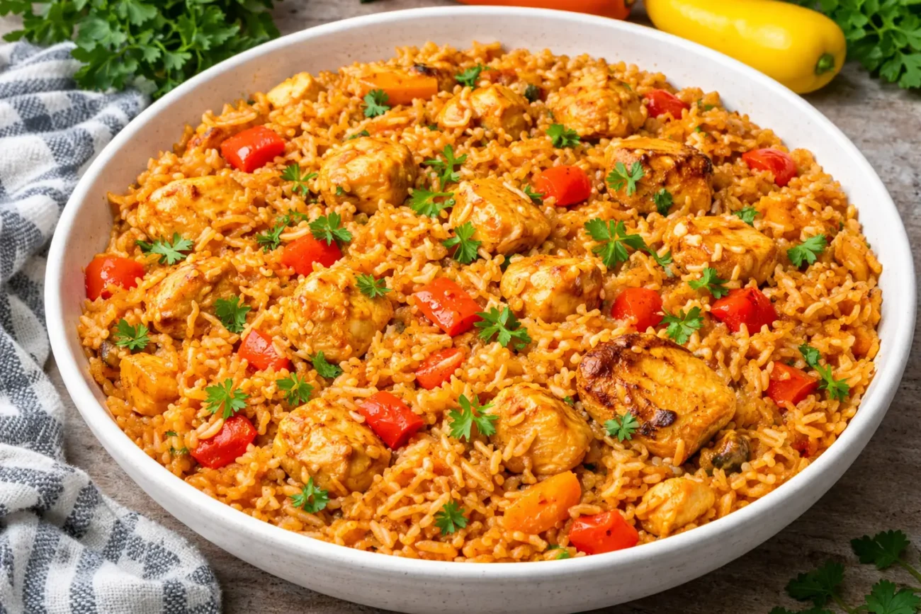 one pan chicken rice bowl with bell peppers, seasoned rice, tender chicken pieces and herbs, homemade dinner close-up