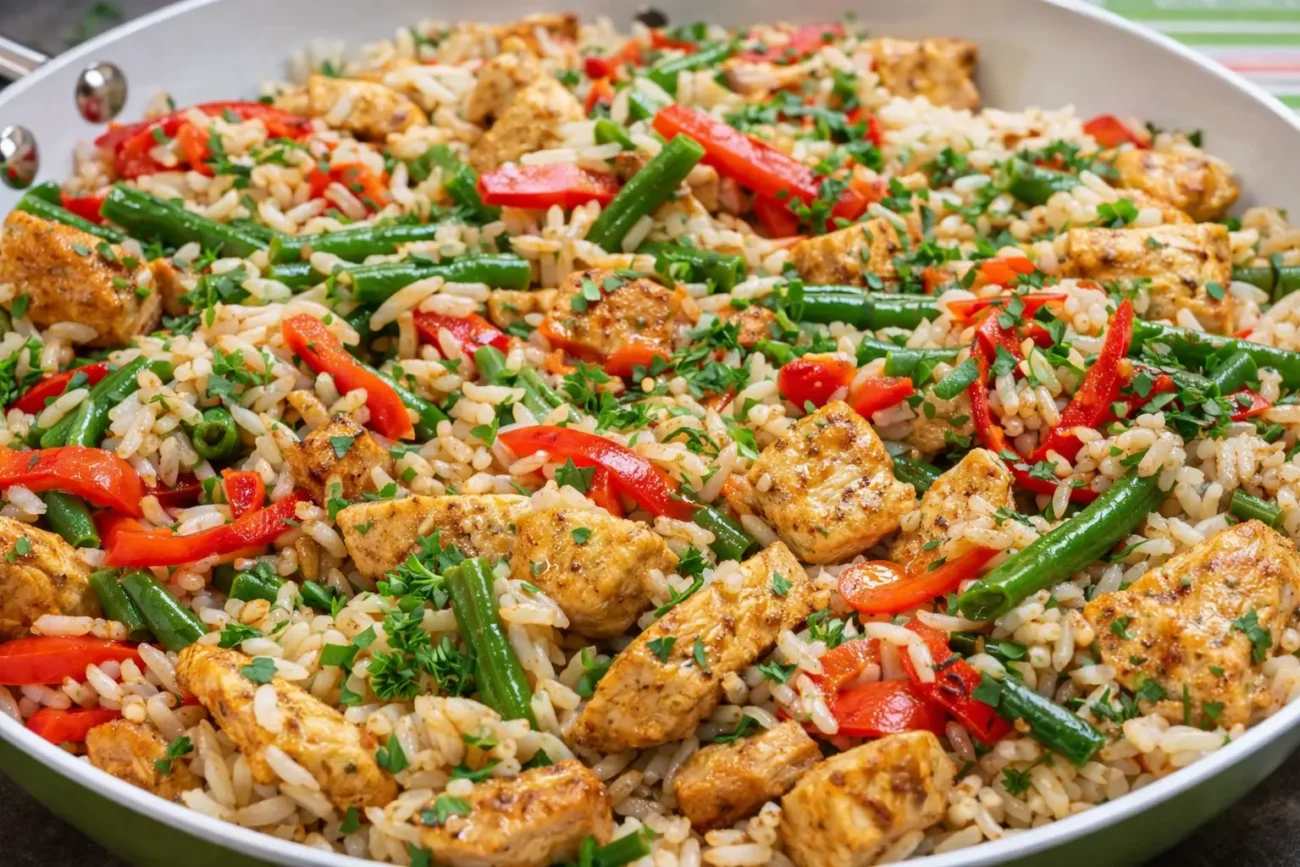 One pan chicken rice with red bell peppers, green beans, and herbs in a skillet, high-resolution homemade dinner close-up