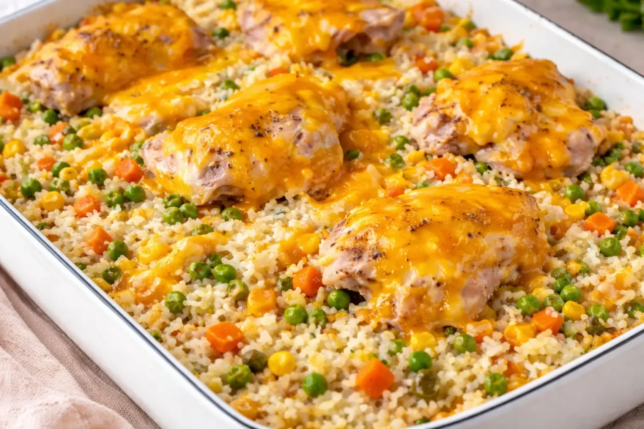 Baked chicken and rice casserole with melted cheddar topping, peas, carrots, and corn in a white dish, homemade comfort food close-up