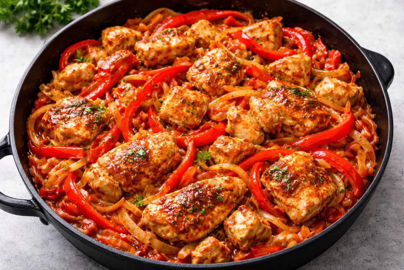 chicken stir fry with bell peppers and onions in skillet, saucy chicken pieces, easy homemade dinner close-up