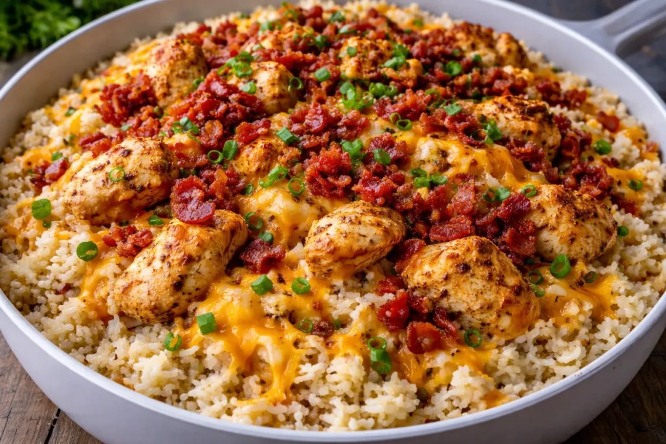 chicken and rice skillet topped with crispy bacon, melted cheddar and green onions in a creamy chicken rice dish