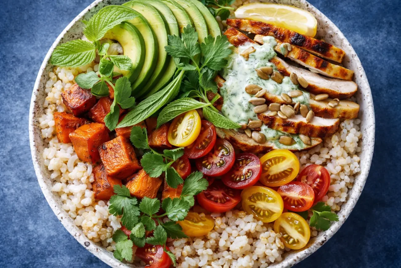 healthy chicken rice bowl with avocado, roasted sweet potatoes, cherry tomatoes and herbs over brown rice