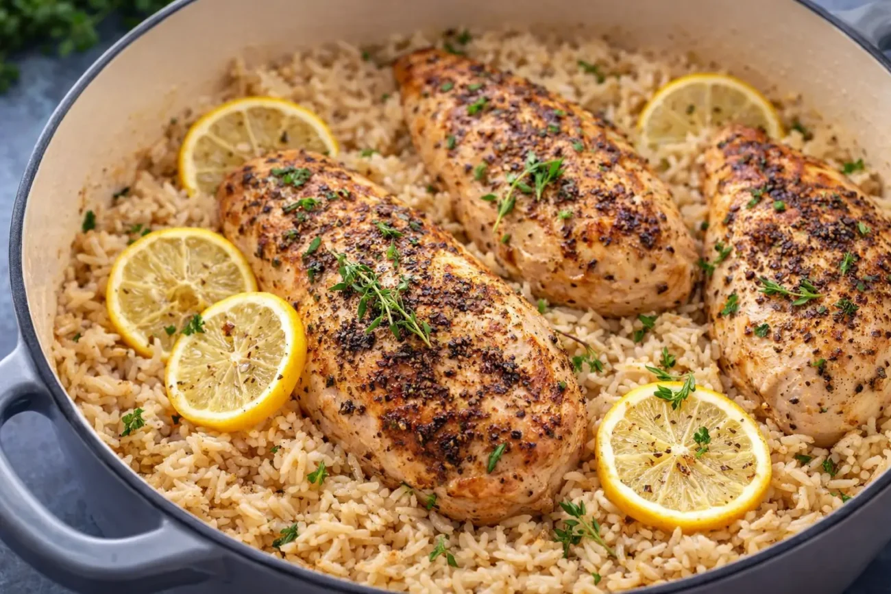 lemon chicken and rice skillet with seared chicken breast, seasoned rice and fresh lemon slices close-up