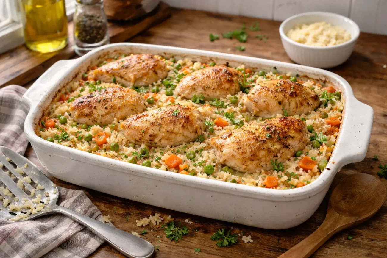 Golden baked chicken and rice casserole in a white ceramic dish on a wooden countertop with natural window light in a real home kitchen