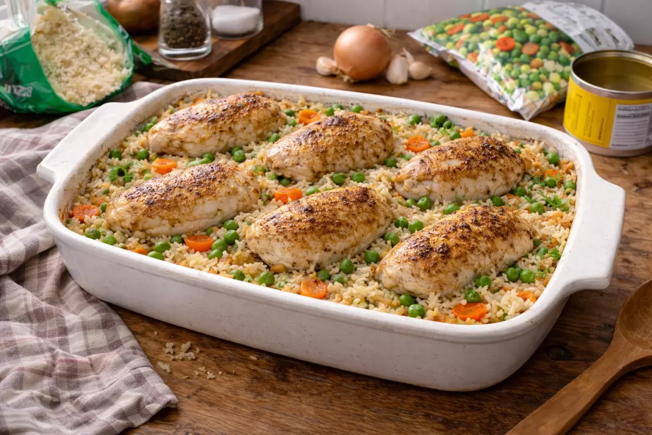 Budget-friendly oven baked chicken and rice casserole in a white baking dish on a wooden countertop with natural kitchen window light