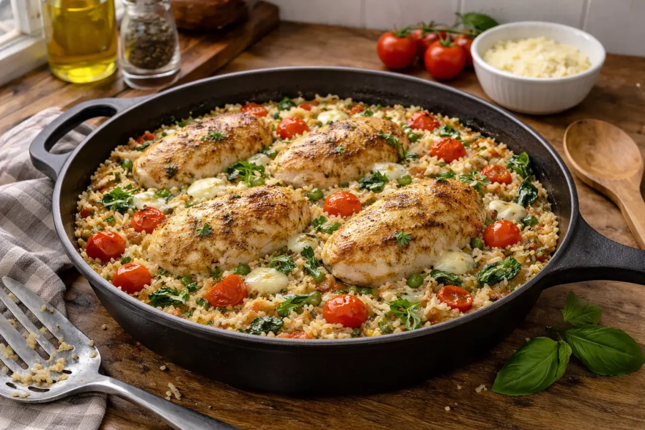 Italian chicken and rice cooked in a black skillet with cherry tomatoes and herbs in a natural home kitchen with window light