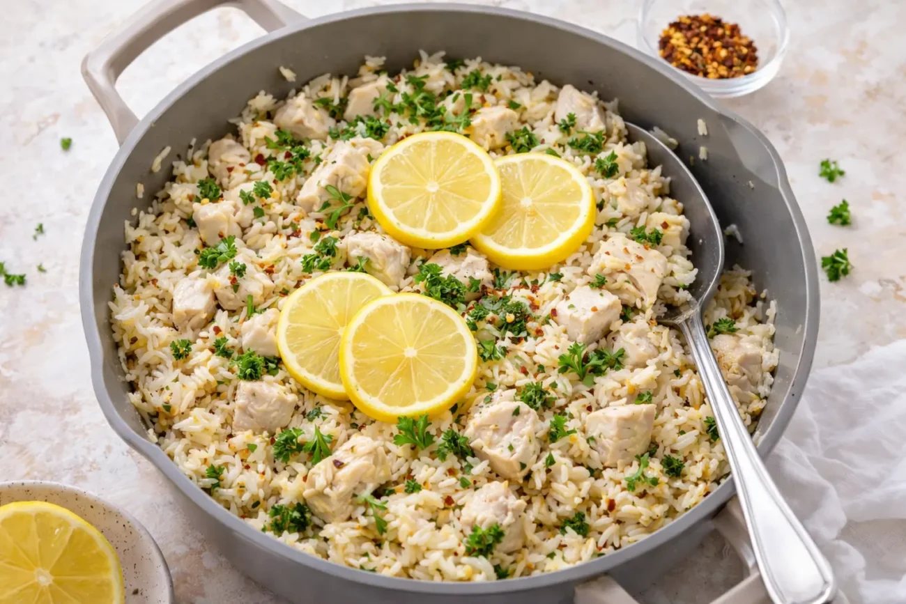 lemon chicken and rice skillet with herbs, tender chicken pieces and fresh lemon slices in pan close-up