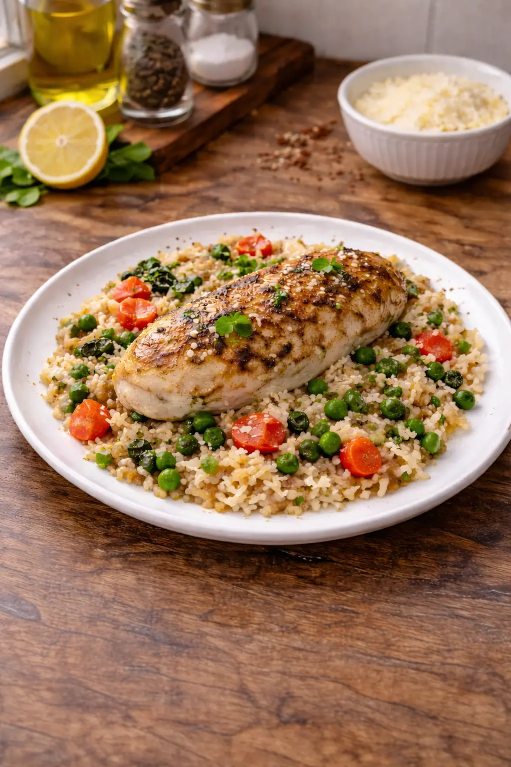 Chicken breast served over seasoned rice with peas and carrots on a white plate in a natural home kitchen with window light