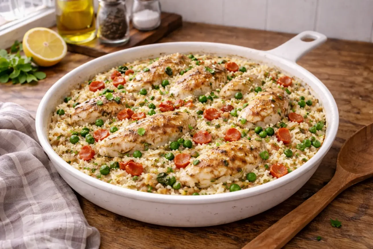 Creamy chicken and bacon rice cooked in a simple white pan on a wooden countertop with natural kitchen window light