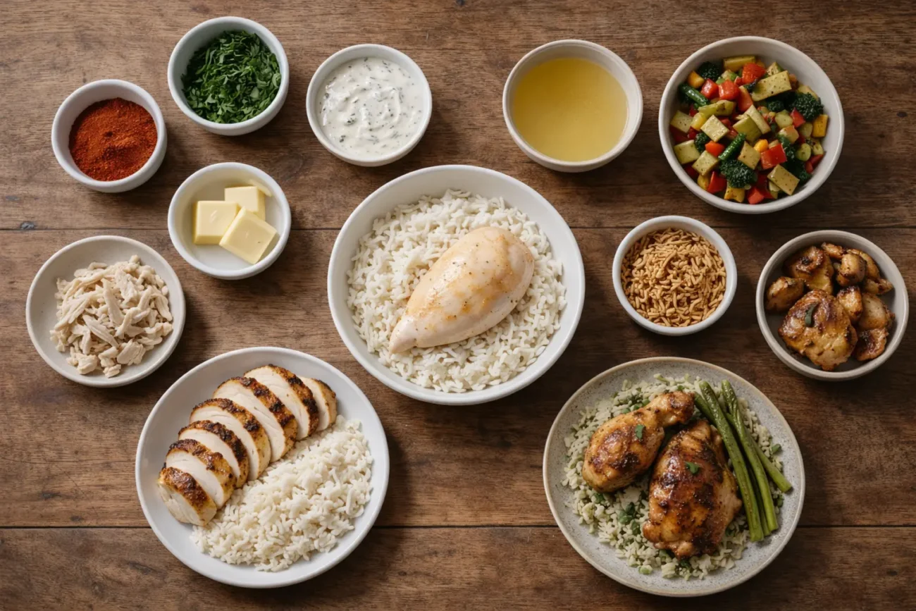 Top-down view of a wooden kitchen counter showing a central bowl of plain rice with a chicken breast surrounded by small bowls of spices, herbs, sauce, butter, broth, vegetables, and different chicken styles.