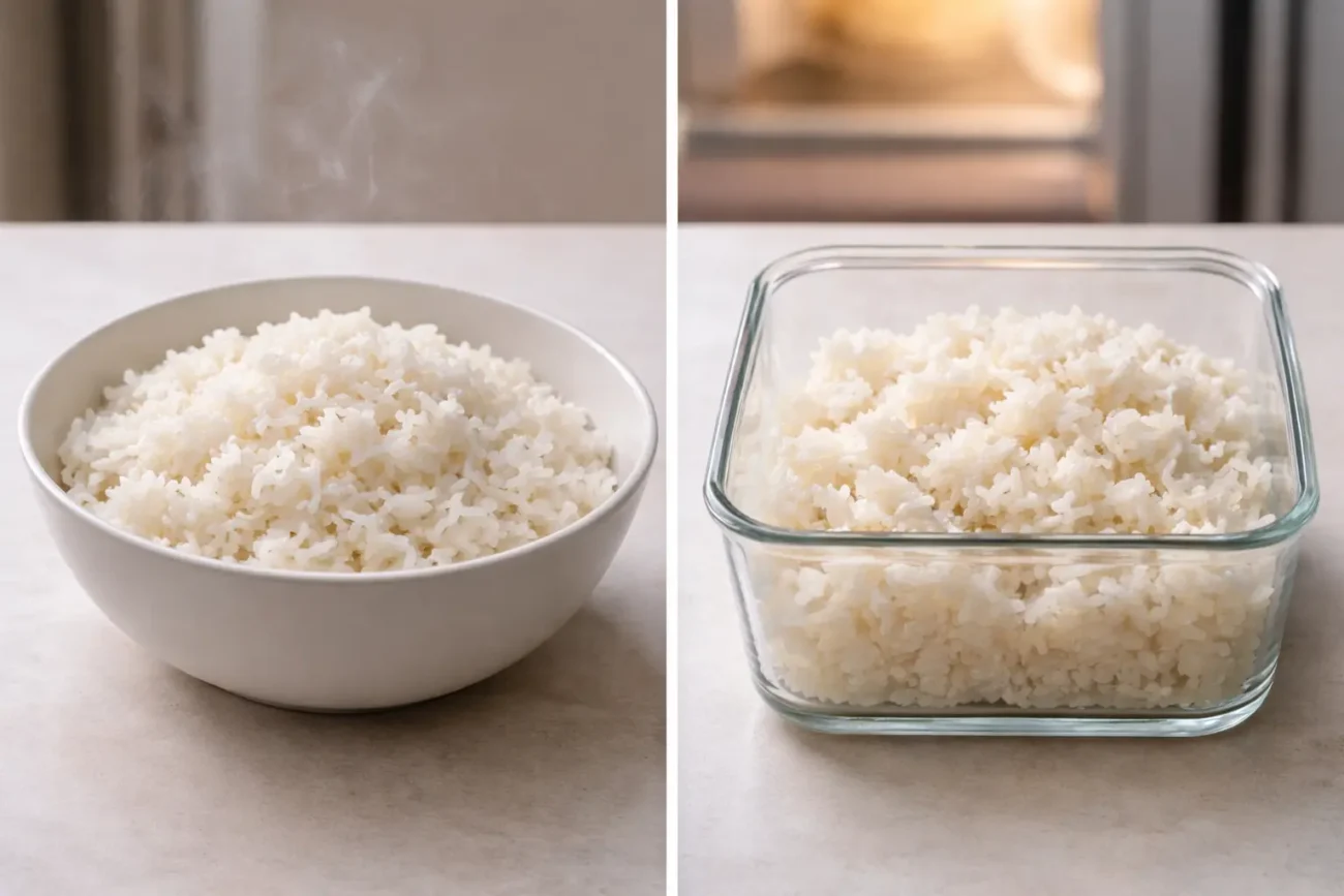 Side-by-side comparison of two bowls of white rice on a clean kitchen counter: the left bowl shows freshly cooked rice that looks soft, fluffy, moist, and lightly steaming in a white ceramic bowl, while the right bowl shows firmer refrigerated rice with separated, slightly dry grains inside a clear glass container with light condensation, illustrating how chilling changes rice texture.