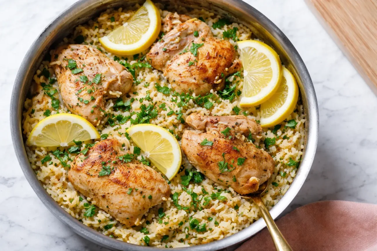 Golden lemon garlic chicken thighs served over fluffy seasoned rice in a skillet, garnished with fresh parsley and lemon slices, photographed from above on a marble kitchen surface.