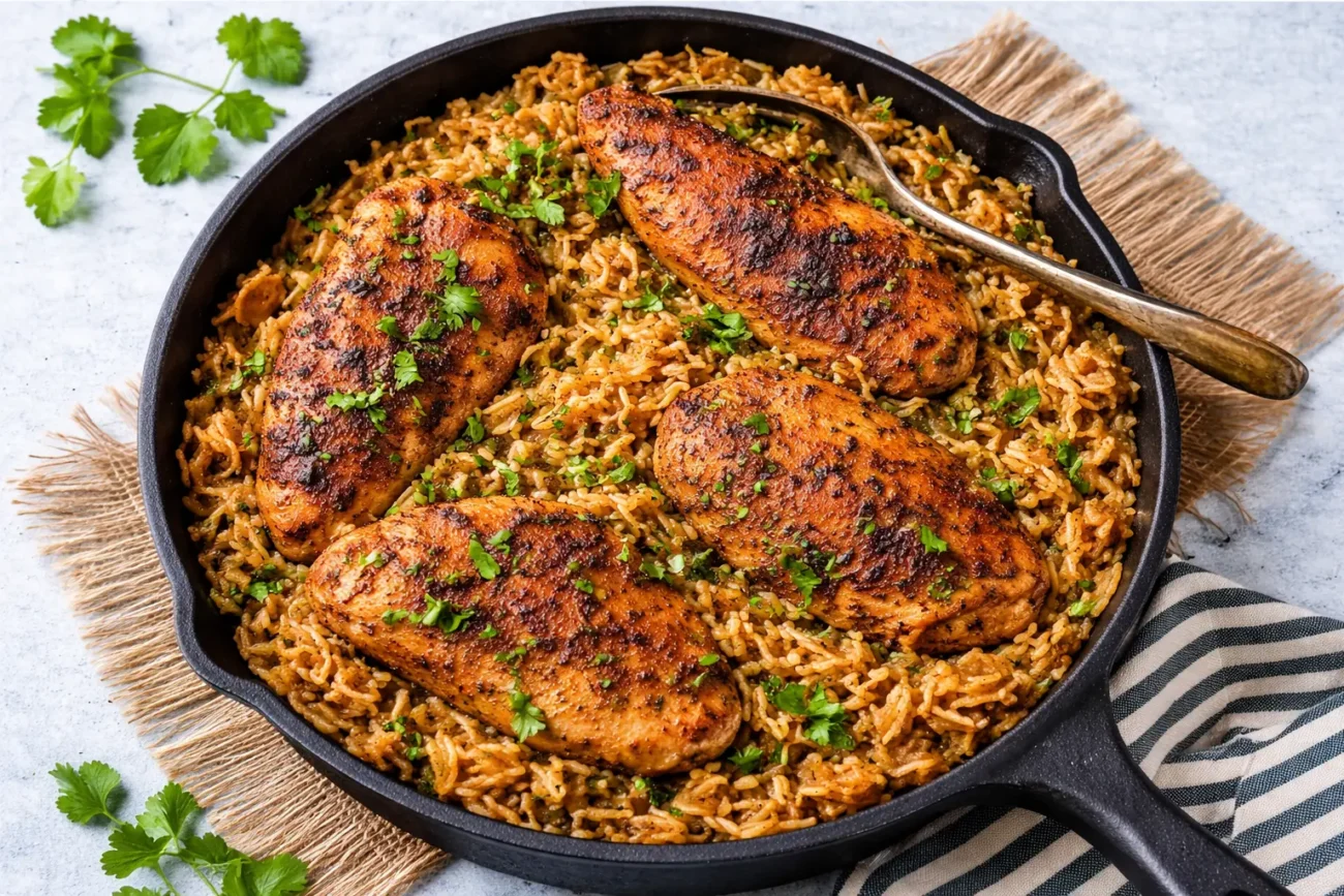 Cast iron skillet with paprika-seasoned chicken breasts served over spiced rice, garnished with chopped parsley and photographed from above.