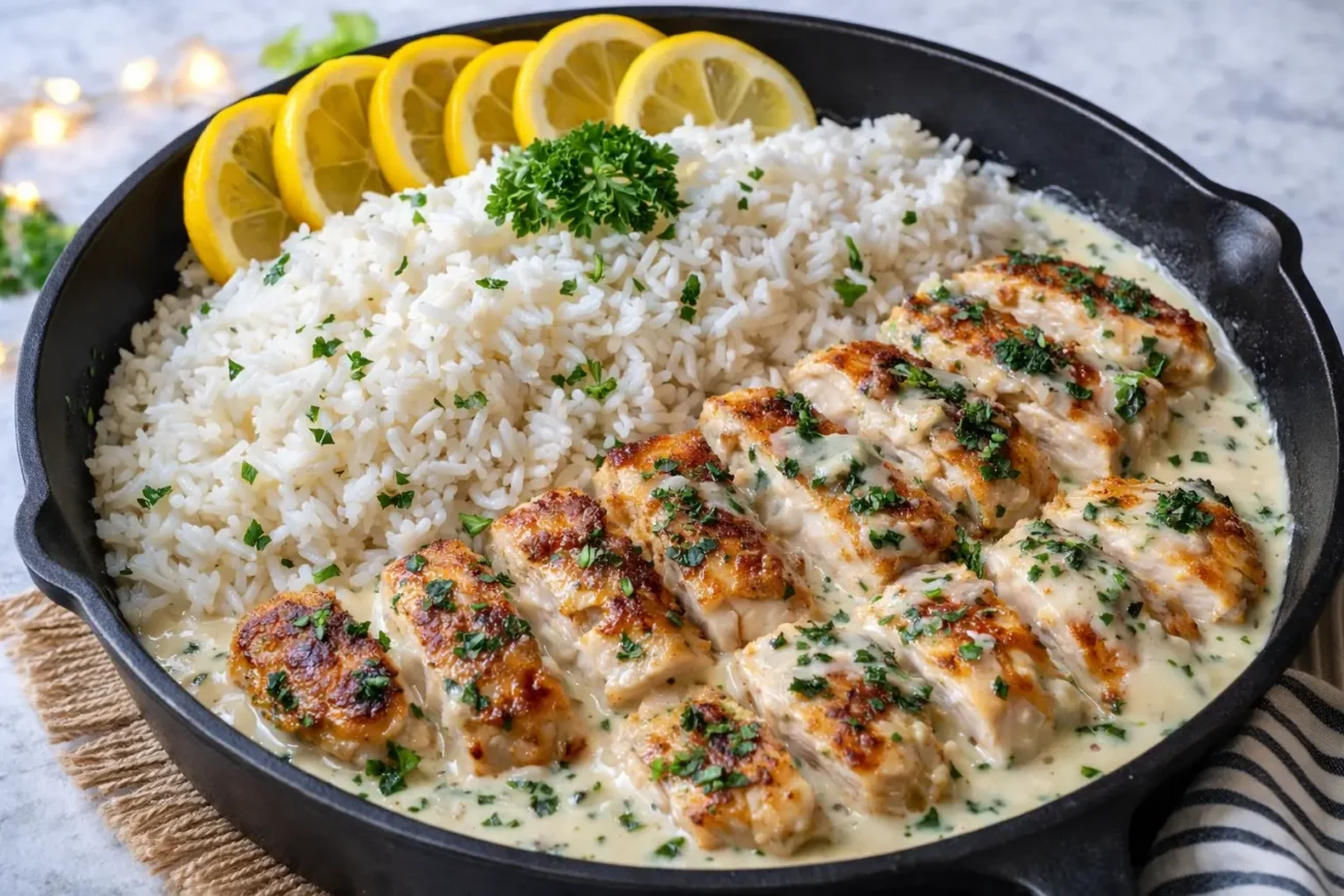 Creamy garlic chicken served with fluffy white rice in a skillet, topped with parsley and lemon slices.