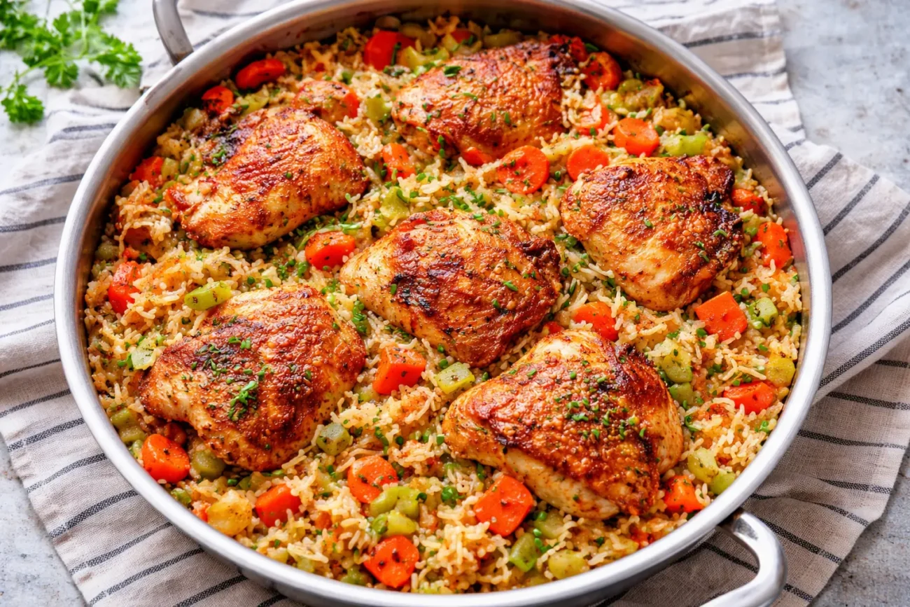 A top-down view of a cast-iron skillet filled with spiced, grilled chicken breasts and seasoned rice, garnished with fresh parsley on a rustic table setting.