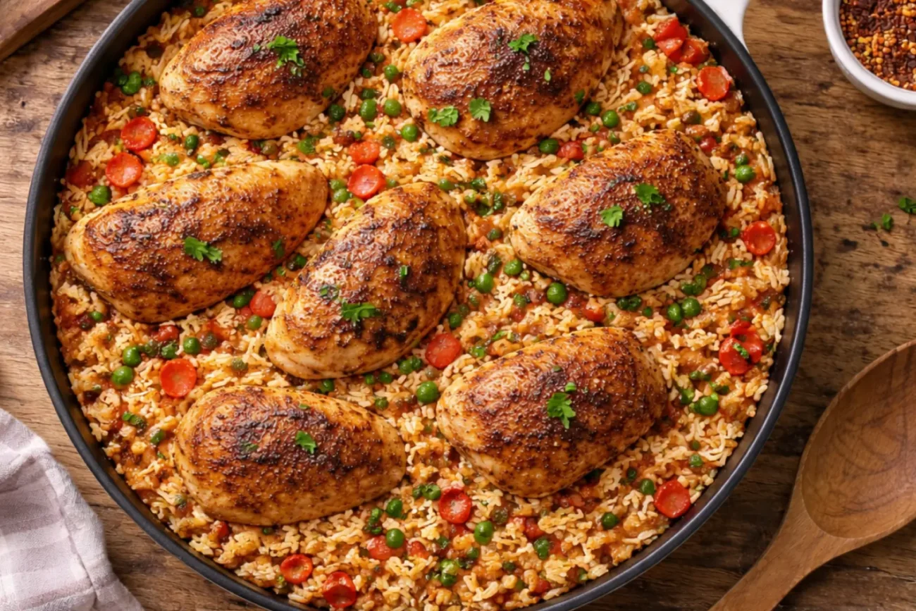 Smoky paprika chicken served over seasoned rice in a skillet photographed from a top-down angle in a natural home kitchen