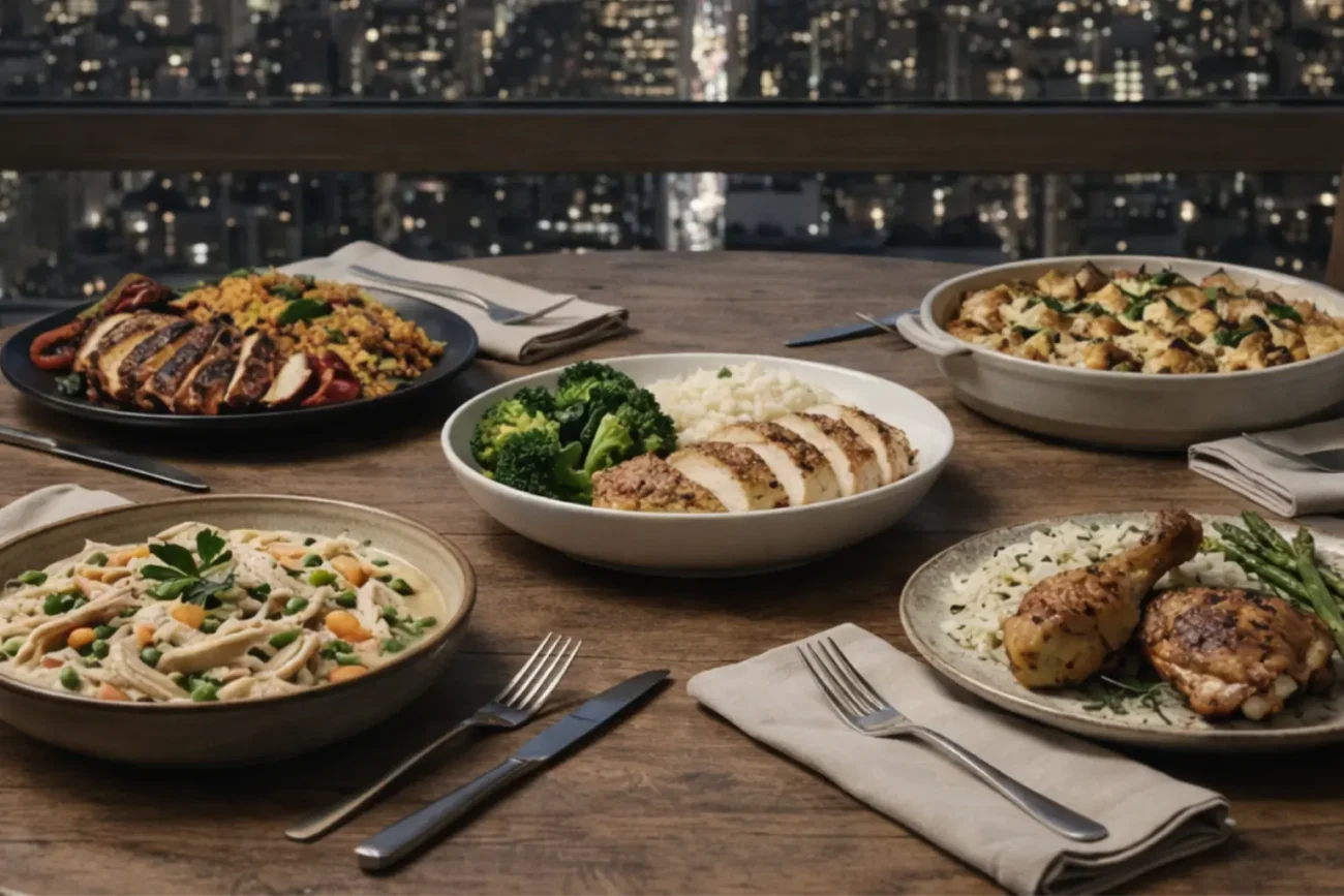 Dinner table with multiple chicken dishes and sides set by a large window overlooking a nighttime city skyline.