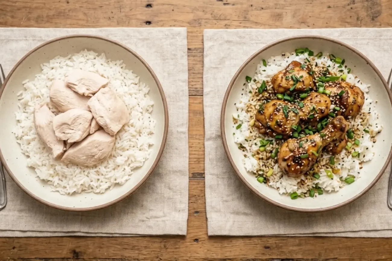 A top-down 90-degree view of two bowls of chicken and rice on a wooden table. The left bowl shows plain, unseasoned white chicken and rice. The right bowl shows "rescued" chicken with a dark glaze, sesame seeds, and fresh green onions.