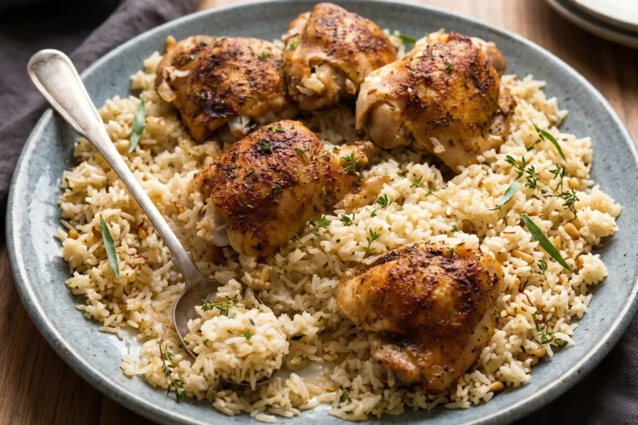 A high-resolution, close-up shot of golden-brown roasted chicken thighs seasoned with dried herbs, served on a bed of fluffy, buttery basmati rice with fresh thyme sprigs and a silver spoon on a blue ceramic plate.