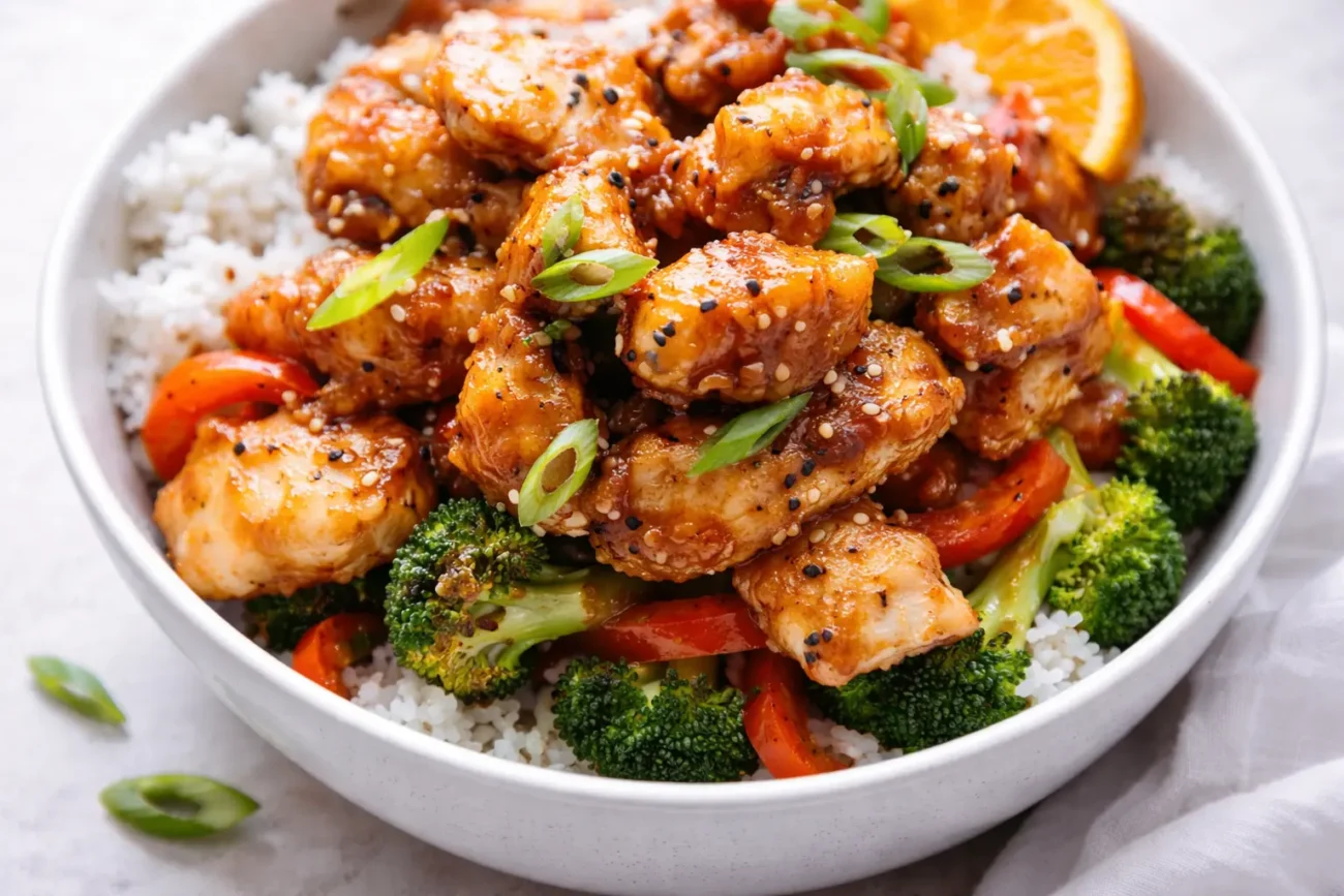 chicken rice bowl with broccoli, glazed chicken pieces and green onions, healthy chicken dinner close-up