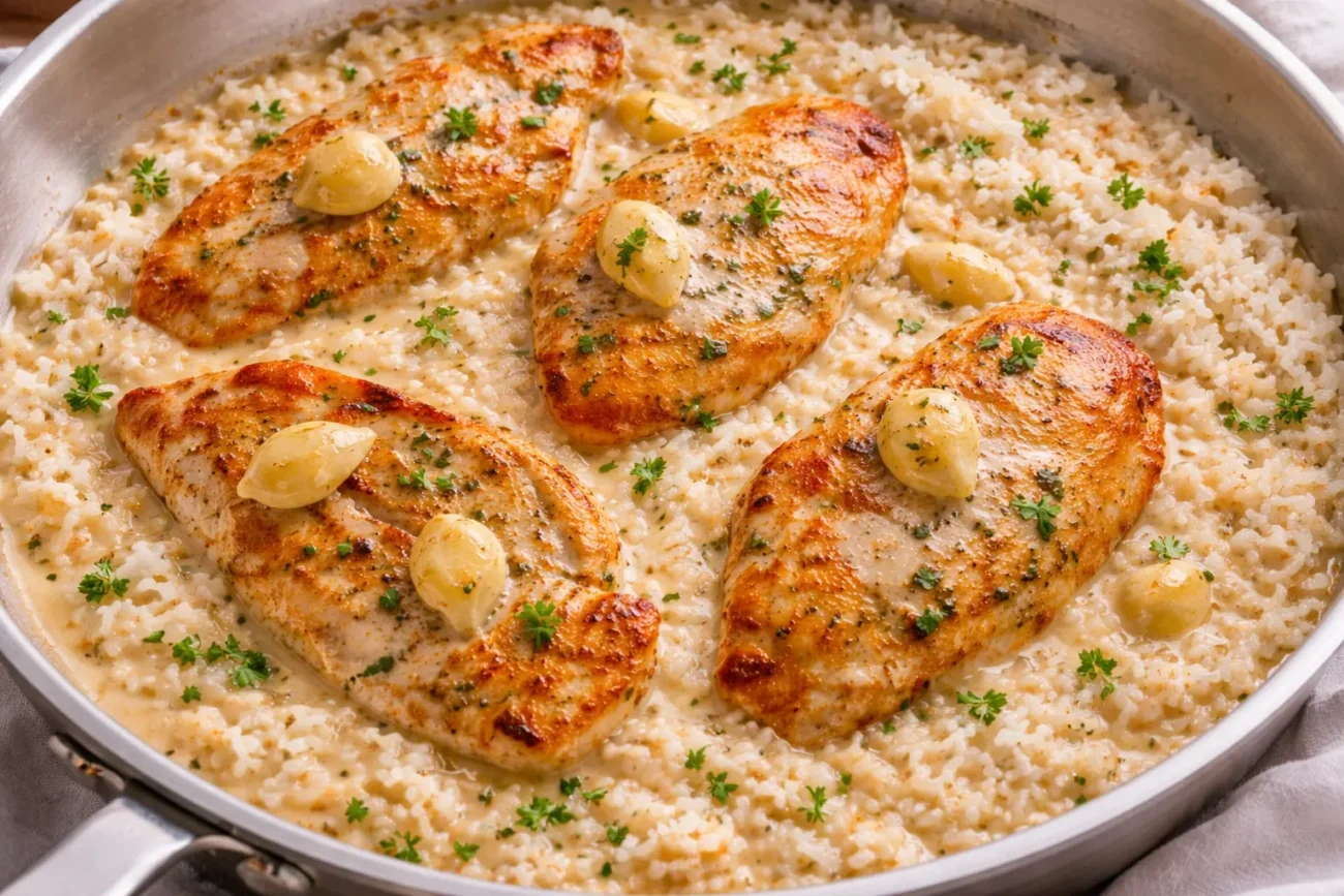 creamy chicken and rice skillet with seared chicken breast, garlic sauce and fluffy rice in one pan close-up
