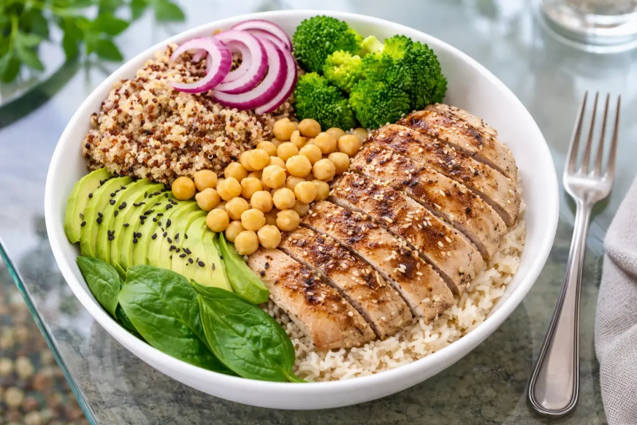 High protein chicken rice bowl for lunch with grilled chicken, avocado, quinoa, chickpeas, and fresh vegetables
