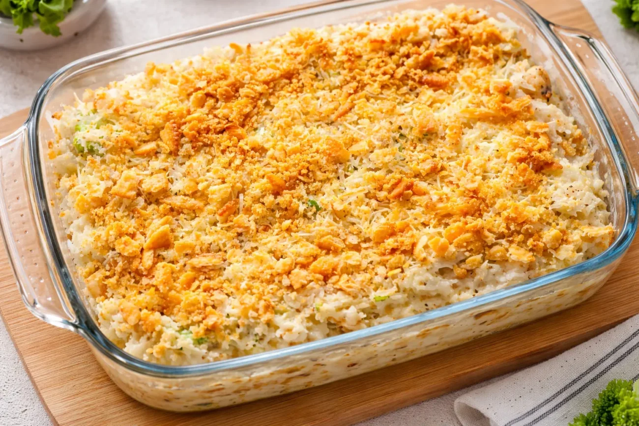 Creamy chicken rice casserole dinner baked in a glass dish with golden crispy topping and rich creamy texture