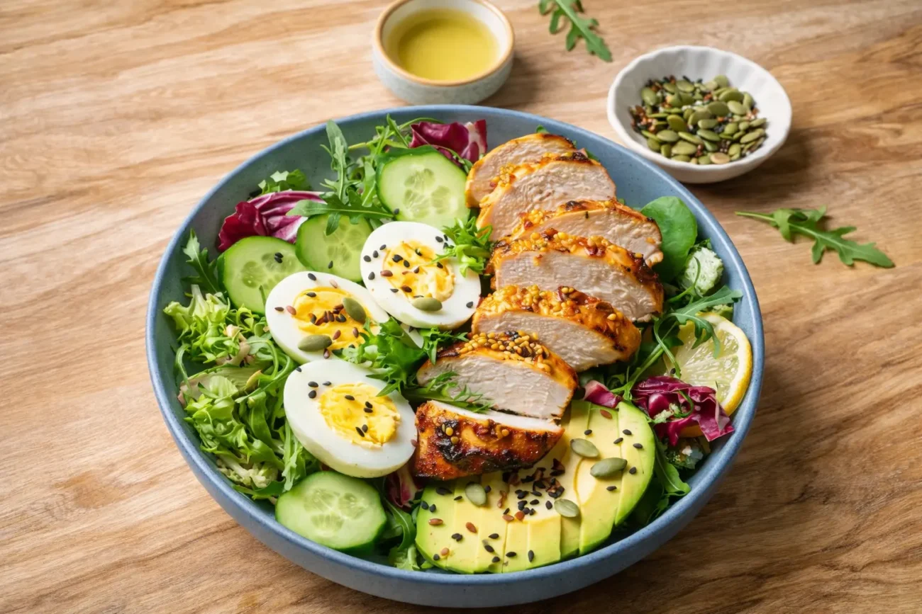 Healthy chicken rice bowl meal prep with grilled chicken, avocado slices, boiled eggs, fresh greens, and seeds on a light wooden table