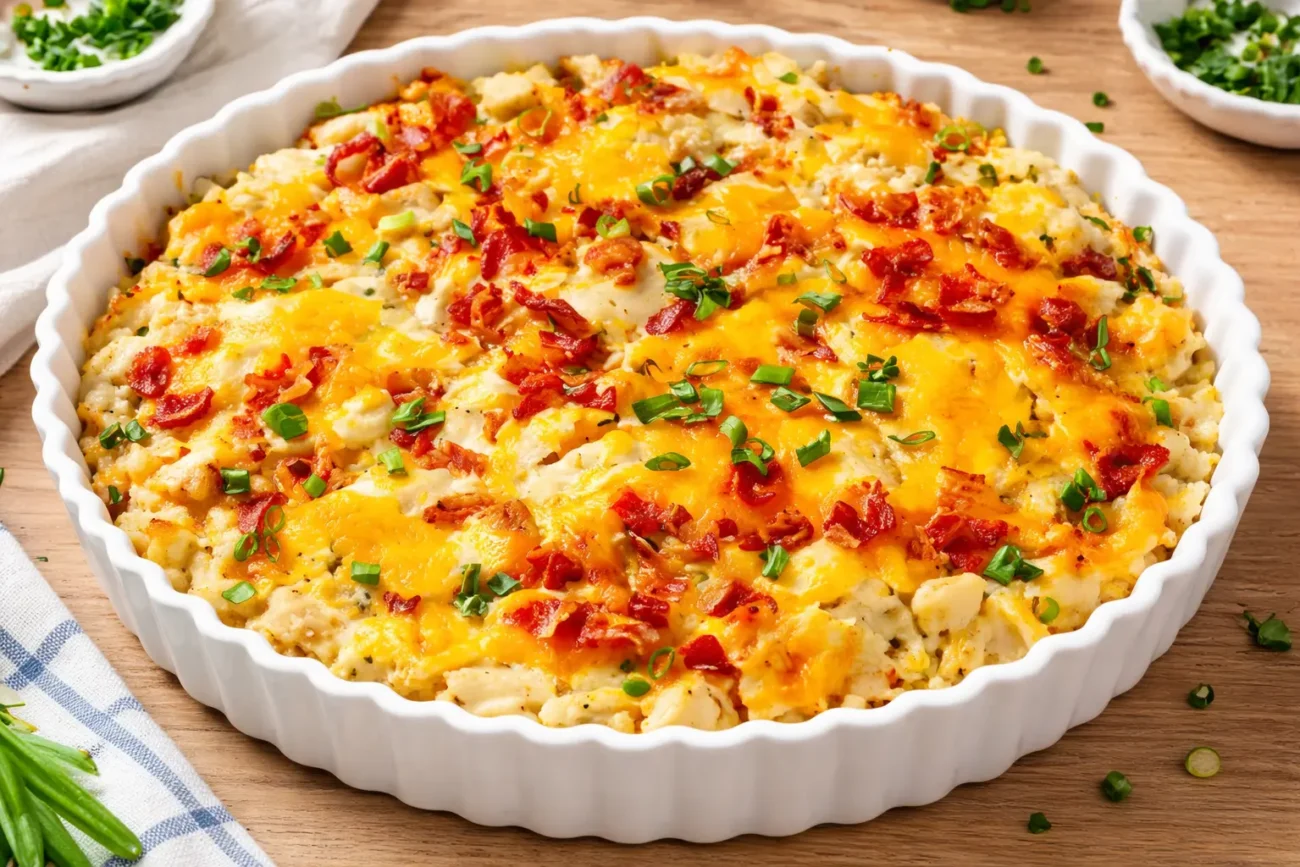 Creamy chicken rice bake with cheese topped with melted cheddar, crispy bits, and herbs in a baked casserole dish