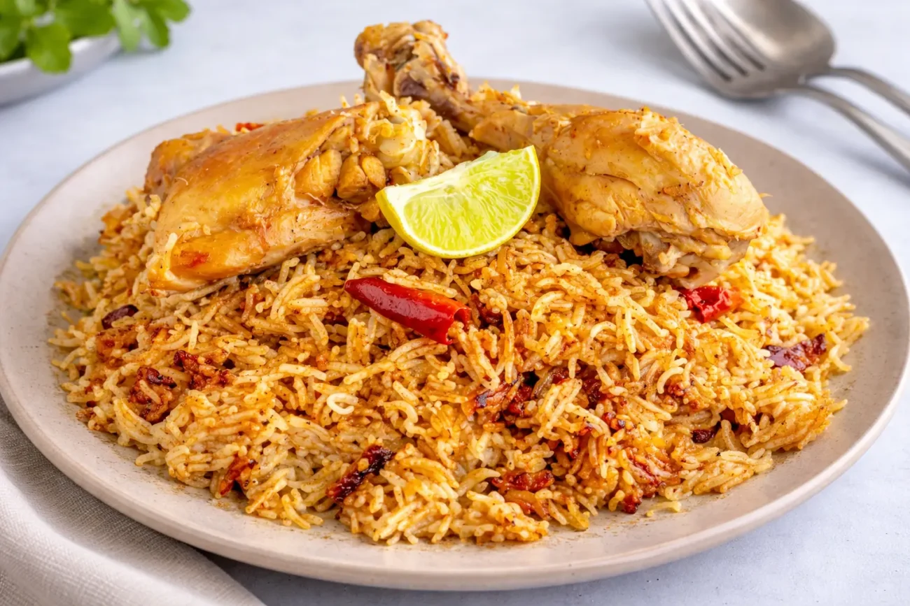One pot chicken and rice dinner with tender chicken pieces served over seasoned rice on a plate with rich texture