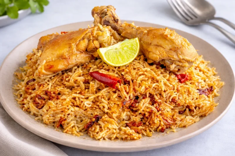 One pot chicken and rice dinner with tender chicken pieces served over seasoned rice on a plate with rich texture