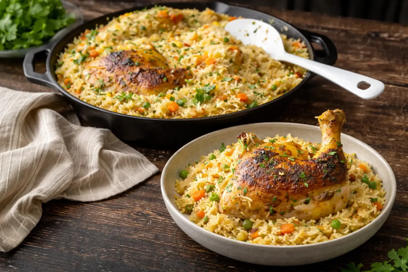 Easy chicken rice recipe for family dinner with golden roasted chicken and seasoned rice served in a skillet and bowl
