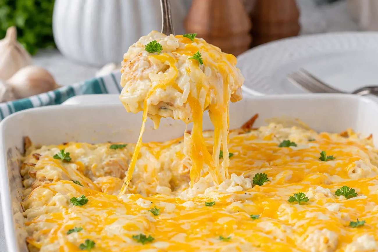 Creamy chicken and rice casserole with melted cheese stretch, fork lifting a rich one-pan baked chicken rice dish