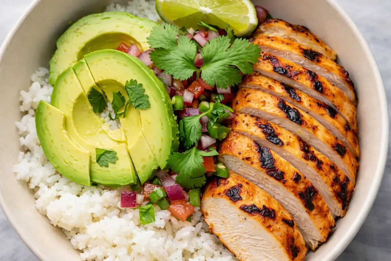 Healthy chicken rice bowl with avocado, grilled chicken, fresh salsa, and fluffy rice in a clean balanced meal bowl