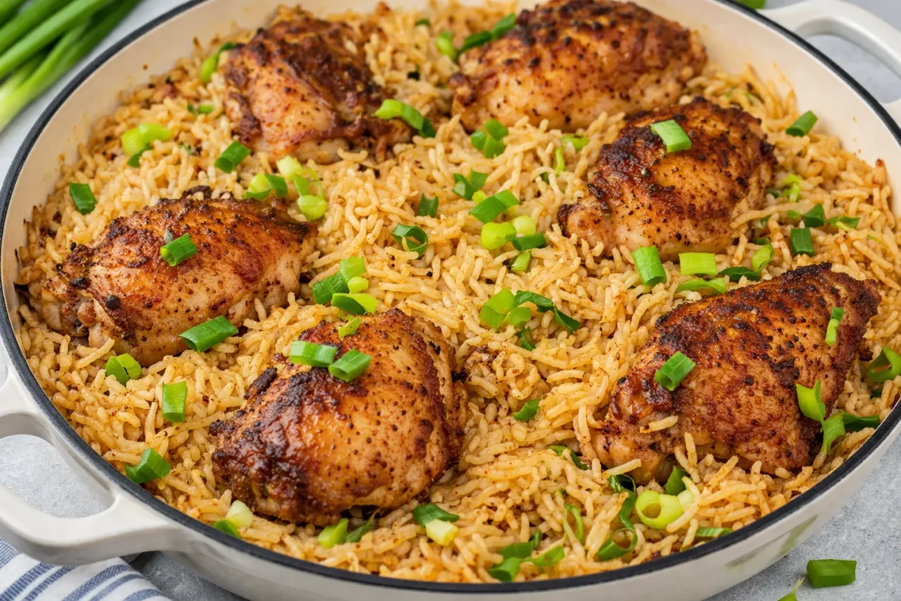 One pan chicken and rice with crispy golden chicken thighs and seasoned fluffy rice topped with green onions