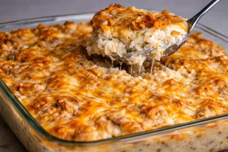 Creamy chicken rice bake family dinner with golden baked topping and spoon lifting creamy casserole