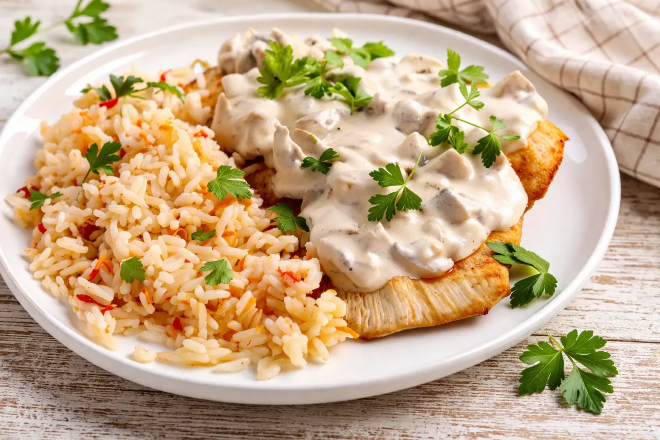 Creamy chicken rice skillet dinner with tender chicken topped with rich cream sauce served with fluffy rice