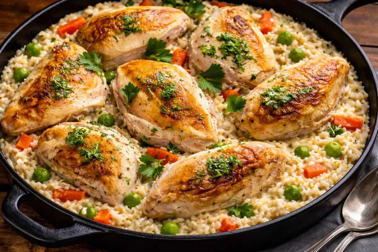 Creamy chicken rice skillet comfort meal with golden seared chicken breasts over rich creamy rice and vegetables