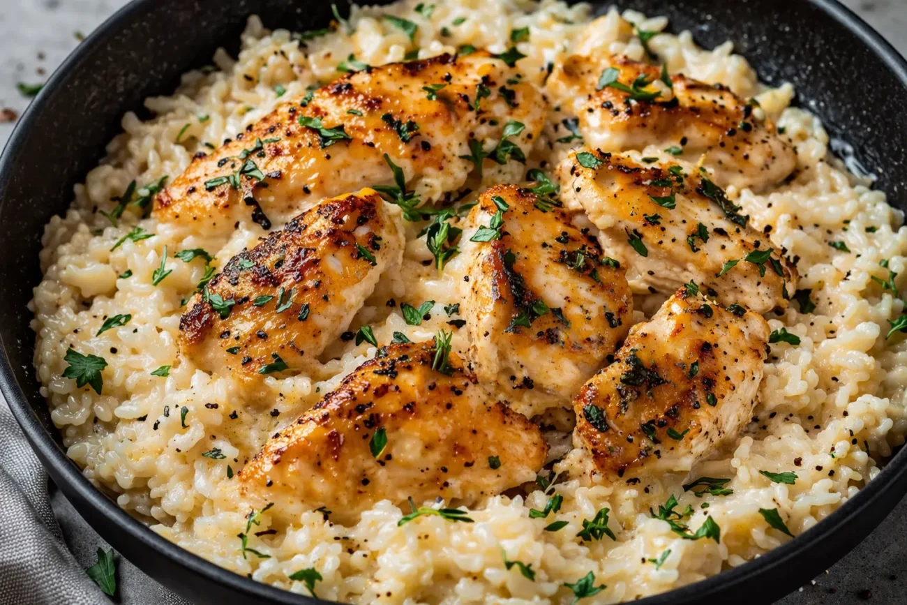 creamy chicken and rice skillet with golden seared chicken pieces, soft rice and herbs in pan close-up