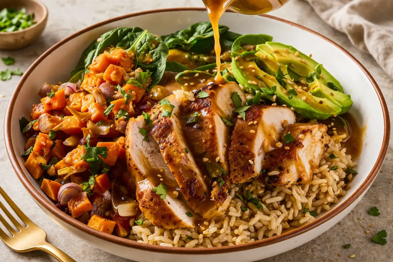 High protein chicken rice bowl with sliced grilled chicken, avocado, vegetables and creamy dressing drizzle