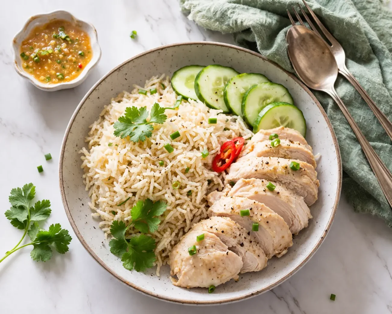Healthy chicken rice meal prep dinner with sliced chicken breast, fluffy rice, cucumber and light sauce on plate
