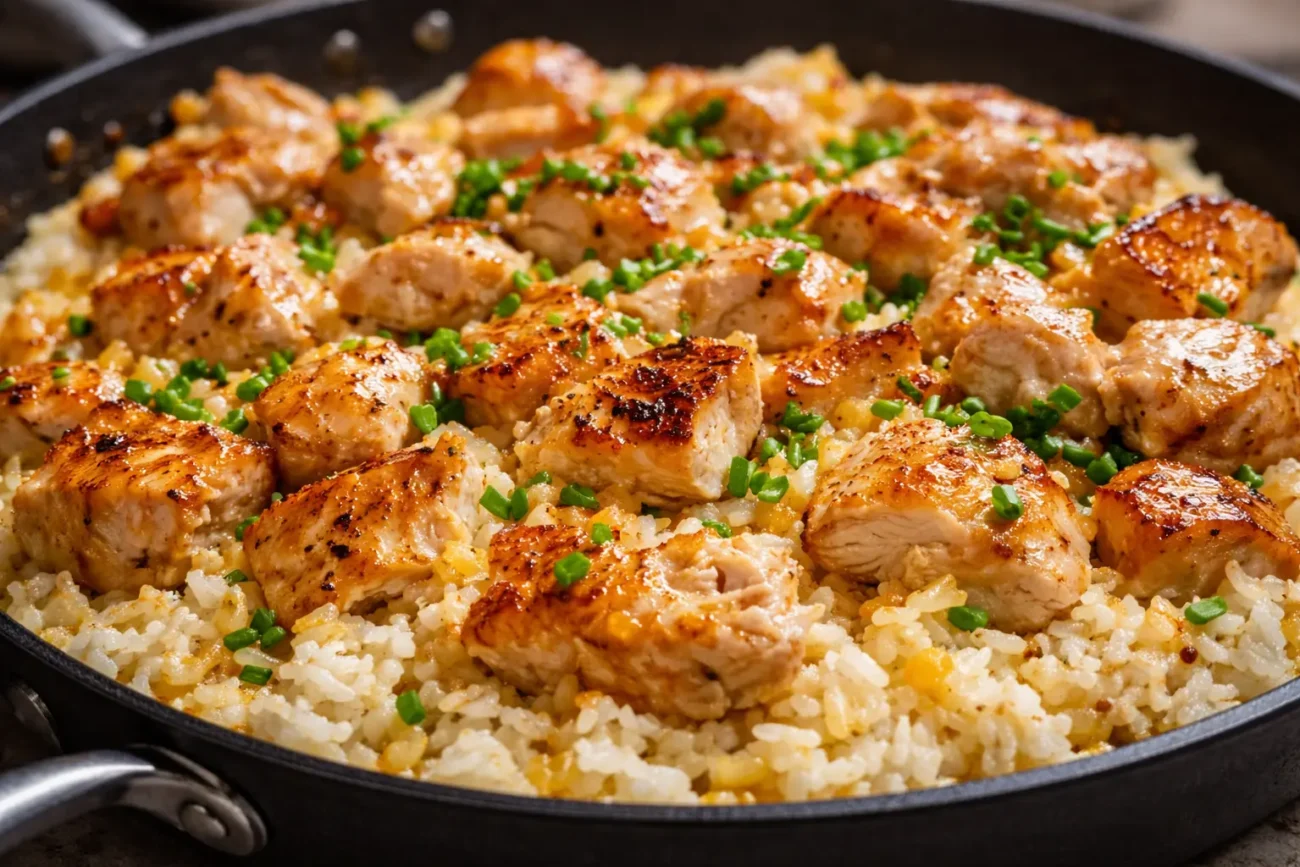 One pot chicken rice dinner in 25 minutes with diced chicken, vegetables, and fluffy rice cooked in a skillet